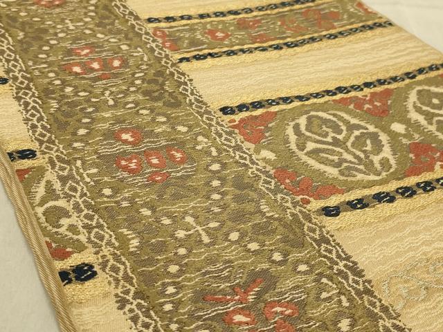 平和屋着物◎六通柄袋帯 唐織 横段花文 金糸 正絹 逸品 AABB3263ou