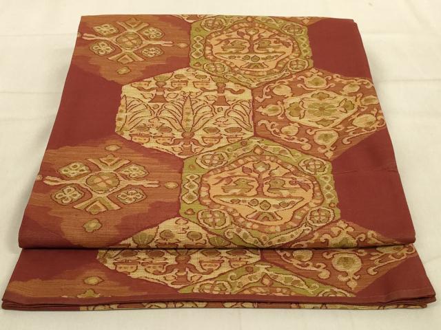 平和屋着物◎六通柄袋帯 更紗花文 正絹 逸品 未使用 AABB3274ou