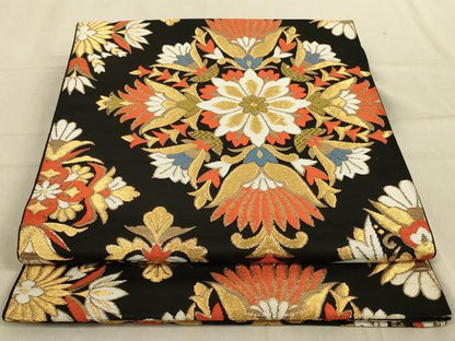 平和屋着物◎六通柄袋帯 更紗花文 黒地 金糸 正絹 逸品 AABB3275ou