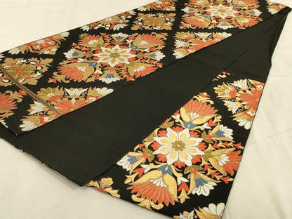 平和屋着物◎六通柄袋帯 更紗花文 黒地 金糸 正絹 逸品 AABB3275ou
