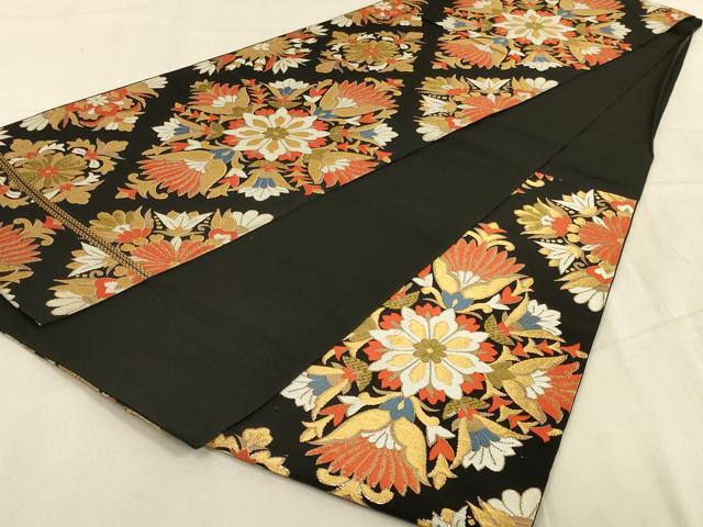 平和屋着物◎六通柄袋帯 更紗花文 黒地 金糸 正絹 逸品 AABB3275ou