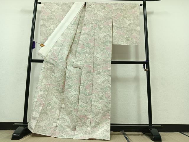 平和屋着物▽上質な紬 単衣 花籬文 正絹 逸品 AABB3564jh
