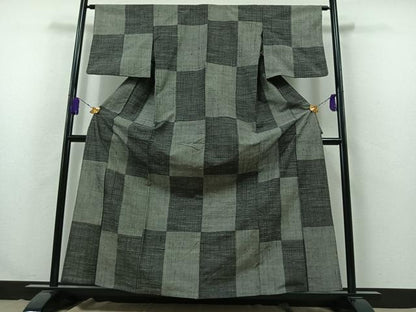 平和屋着物▽上質な紬 単衣 市松文様 正絹 逸品 AABB3566jh