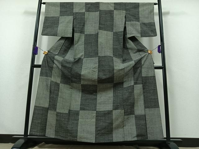 平和屋着物▽上質な紬 単衣 市松文様 正絹 逸品 AABB3566jh