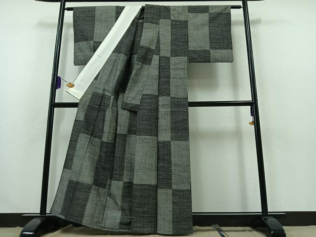 平和屋着物▽上質な紬 単衣 市松文様 正絹 逸品 AABB3566jh