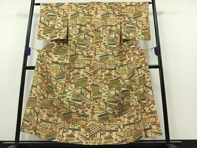 平和屋着物▽上質な紬 単衣 風景花文 正絹 逸品 AABB3567jh
