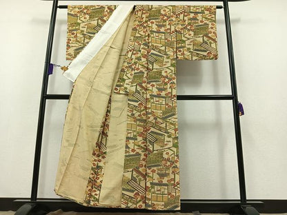 平和屋着物▽上質な紬 単衣 風景花文 正絹 逸品 AABB3567jh