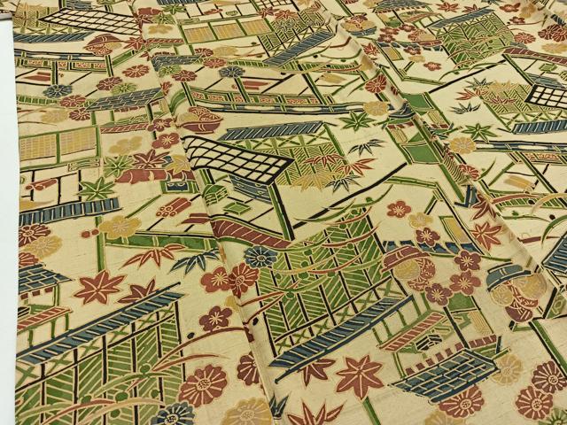 平和屋着物▽上質な紬 単衣 風景花文 正絹 逸品 AABB3567jh