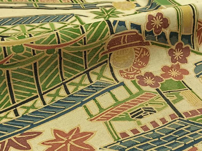 平和屋着物▽上質な紬 単衣 風景花文 正絹 逸品 AABB3567jh