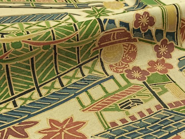 平和屋着物▽上質な紬 単衣 風景花文 正絹 逸品 AABB3567jh