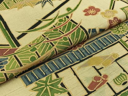 平和屋着物▽上質な紬 単衣 風景花文 正絹 逸品 AABB3567jh