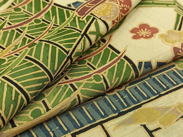 平和屋着物▽上質な紬 単衣 風景花文 正絹 逸品 AABB3567jh