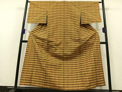 平和屋着物▽上質な紬　単衣　格子　正絹　逸品　AABB3568jh