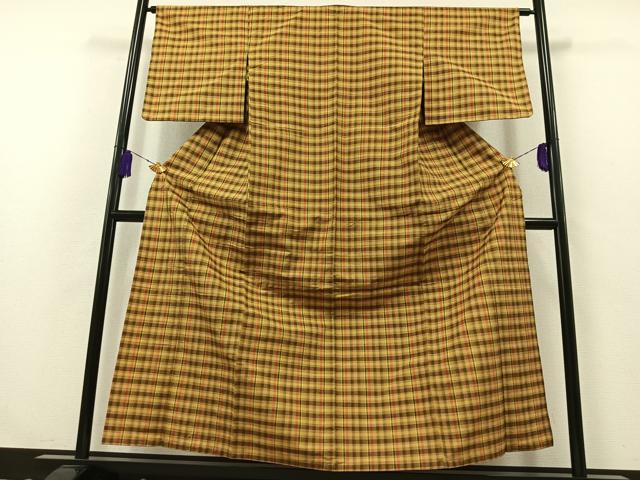 平和屋着物▽上質な紬　単衣　格子　正絹　逸品　AABB3568jh