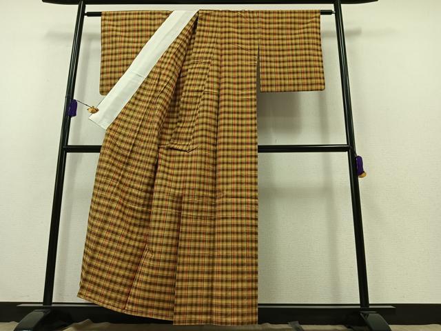 平和屋着物▽上質な紬　単衣　格子　正絹　逸品　AABB3568jh