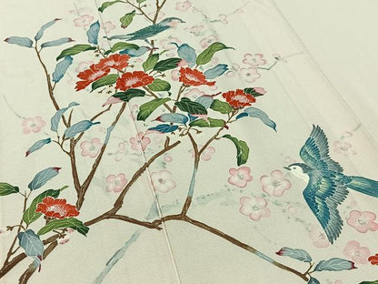 平和屋着物▽訪問着 単衣 作家物 花鳥文 正絹 逸品 AABB3570jh