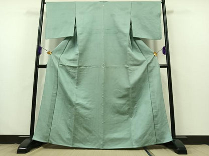 平和屋着物▽上質な色無地　単衣　紬地　花唐草地紋　錆青磁色　正絹　逸品　AABB3572jh