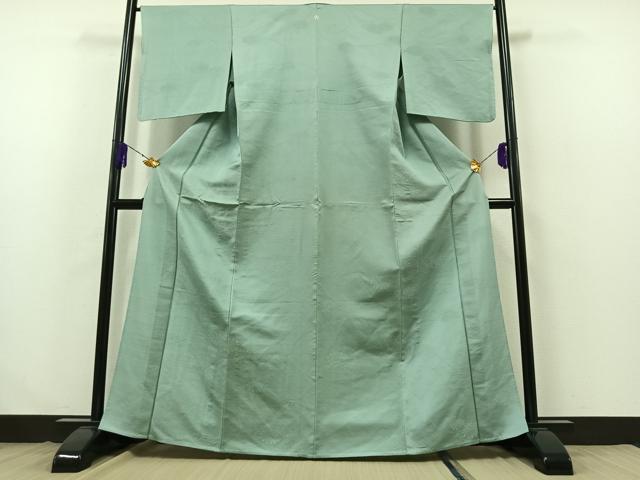 平和屋着物▽上質な色無地　単衣　紬地　花唐草地紋　錆青磁色　正絹　逸品　AABB3572jh