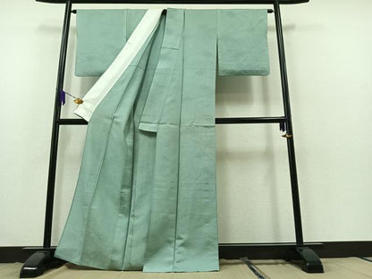 平和屋着物▽上質な色無地　単衣　紬地　花唐草地紋　錆青磁色　正絹　逸品　AABB3572jh
