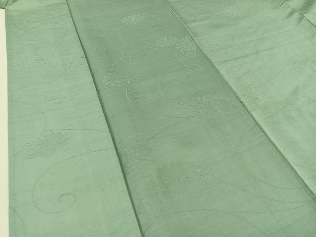 平和屋着物▽上質な色無地　単衣　紬地　花唐草地紋　錆青磁色　正絹　逸品　AABB3572jh