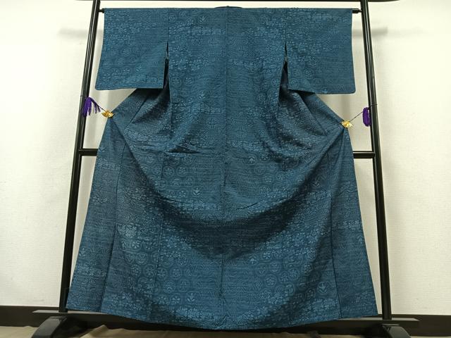 平和屋着物▽上質な紬　単衣　型染め　吉祥花丸文　正絹　逸品　AABB3574jh