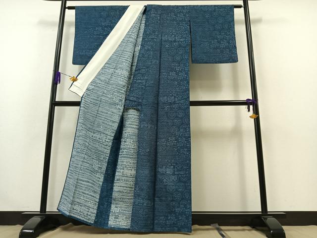 平和屋着物▽上質な紬　単衣　型染め　吉祥花丸文　正絹　逸品　AABB3574jh