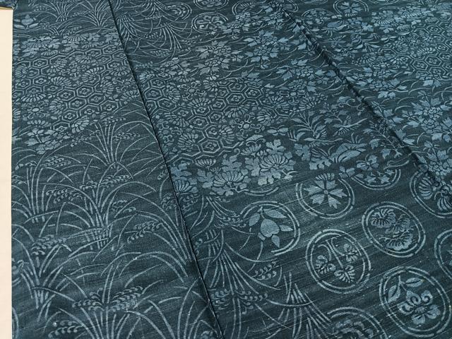 平和屋着物▽上質な紬　単衣　型染め　吉祥花丸文　正絹　逸品　AABB3574jh