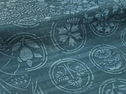 平和屋着物▽上質な紬　単衣　型染め　吉祥花丸文　正絹　逸品　AABB3574jh