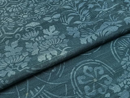 平和屋着物▽上質な紬　単衣　型染め　吉祥花丸文　正絹　逸品　AABB3574jh