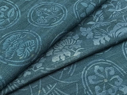平和屋着物▽上質な紬　単衣　型染め　吉祥花丸文　正絹　逸品　AABB3574jh