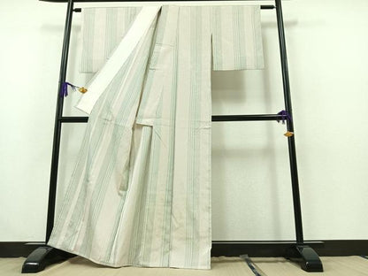 平和屋着物▽上質な紬 単衣 縞 正絹 逸品 AABB3575jh