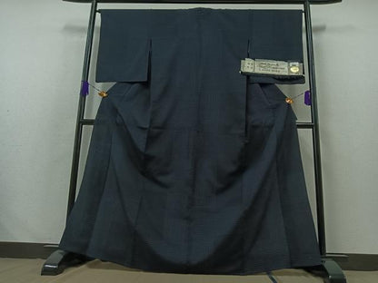 平和屋着物▽池田重子コレクション　結城ちぢみ　奥順謹製　はたおり娘　単衣　蚊絣　漆黒色地　証紙付き　正絹　逸品　AABB3578jh