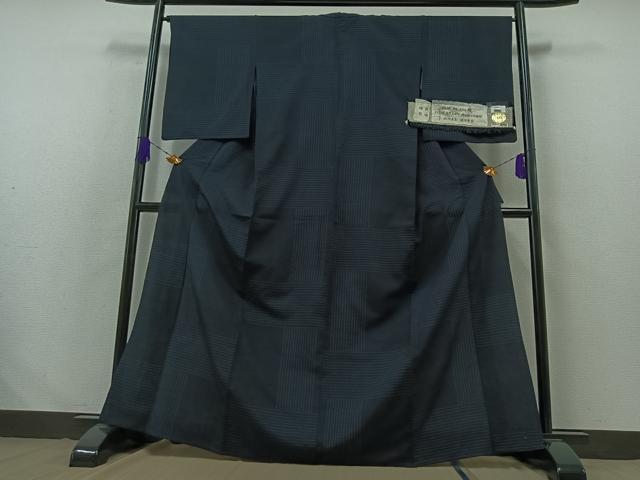 平和屋着物▽池田重子コレクション　結城ちぢみ　奥順謹製　はたおり娘　単衣　蚊絣　漆黒色地　証紙付き　正絹　逸品　AABB3578jh