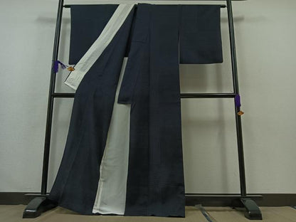 平和屋着物▽池田重子コレクション　結城ちぢみ　奥順謹製　はたおり娘　単衣　蚊絣　漆黒色地　証紙付き　正絹　逸品　AABB3578jh