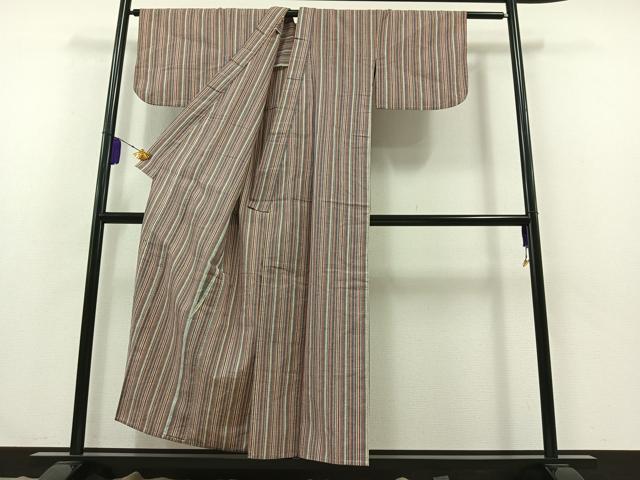 平和屋着物▽上質な紬　単衣　縞　正絹　逸品　AABB3580jh
