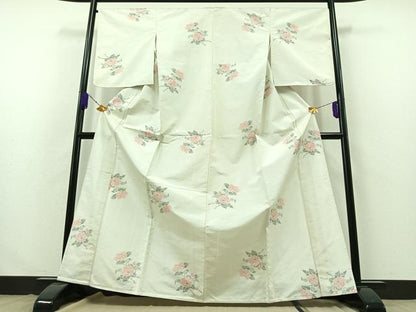 平和屋着物▽上質な紬 単衣 草花文 正絹 逸品 AABB3581jh