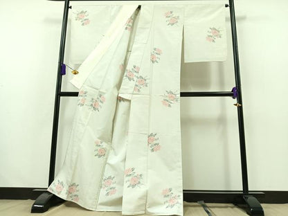 平和屋着物▽上質な紬 単衣 草花文 正絹 逸品 AABB3581jh