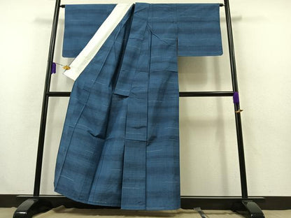 平和屋着物▽くで絣結城 単衣 横段文 反端付き 正絹 逸品 AABB3584jh