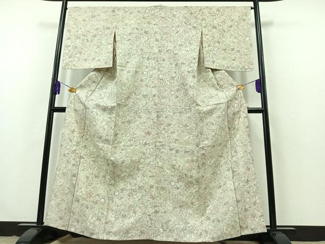 平和屋着物▽上質な紬 単衣 手書き 更紗花文 正絹 逸品 AABB3587jh
