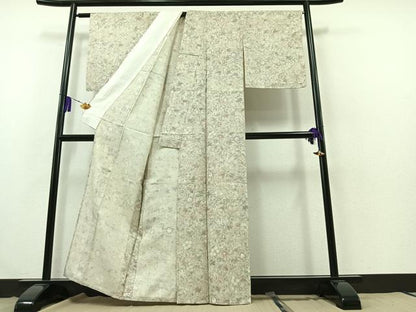平和屋着物▽上質な紬 単衣 手書き 更紗花文 正絹 逸品 AABB3587jh