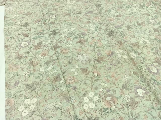 平和屋着物▽上質な紬 単衣 手書き 更紗花文 正絹 逸品 AABB3587jh