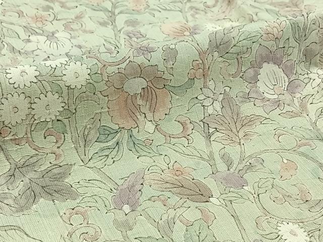 平和屋着物▽上質な紬 単衣 手書き 更紗花文 正絹 逸品 AABB3587jh
