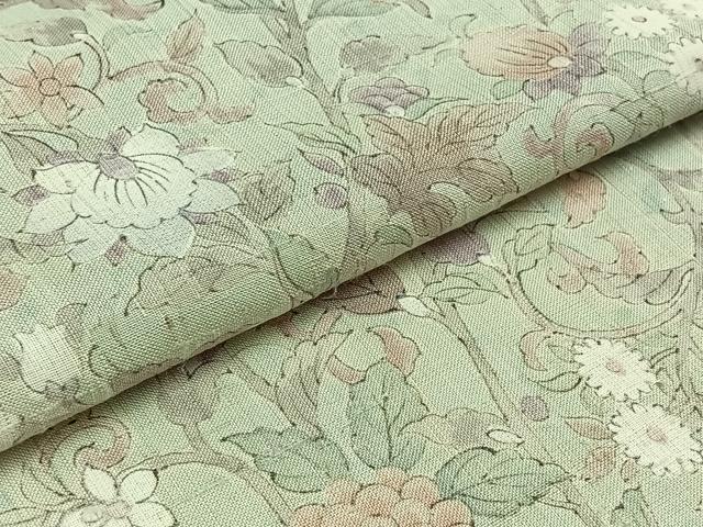 平和屋着物▽上質な紬 単衣 手書き 更紗花文 正絹 逸品 AABB3587jh