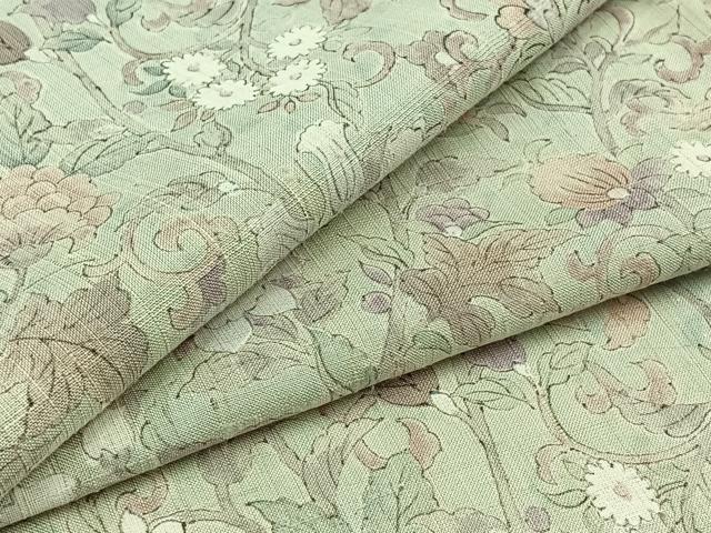 平和屋着物▽上質な紬 単衣 手書き 更紗花文 正絹 逸品 AABB3587jh