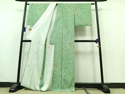 平和屋着物▽上質な小紋 単衣 扇面花文 正絹 逸品 AABB3588jh