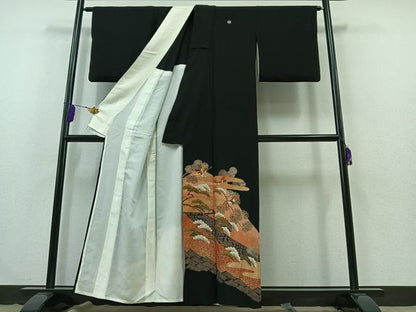 平和屋着物▽豪華黒留袖　単衣　駒刺繍　飛鶴風景松文　金糸　金彩　正絹　逸品　AABB3591jh