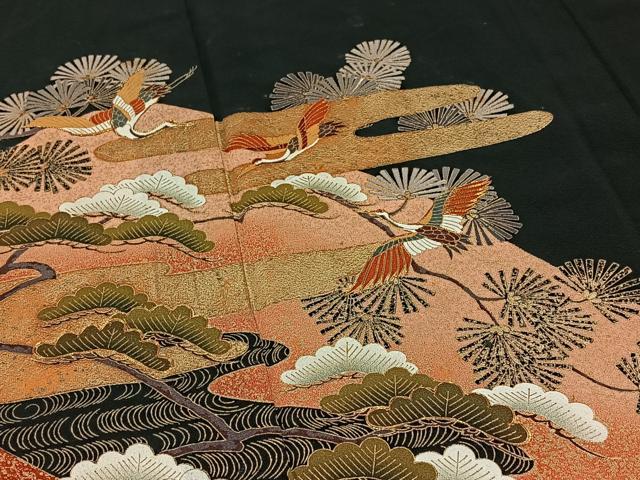 平和屋着物▽豪華黒留袖　単衣　駒刺繍　飛鶴風景松文　金糸　金彩　正絹　逸品　AABB3591jh