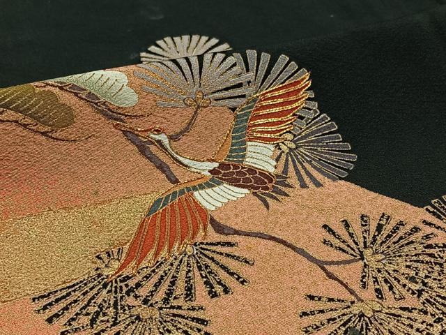 平和屋着物▽豪華黒留袖　単衣　駒刺繍　飛鶴風景松文　金糸　金彩　正絹　逸品　AABB3591jh