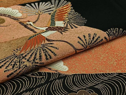 平和屋着物▽豪華黒留袖　単衣　駒刺繍　飛鶴風景松文　金糸　金彩　正絹　逸品　AABB3591jh