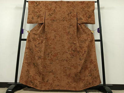 平和屋着物▽上質な小紋　単衣　型染め　草花文　鬼しぼ縮緬　正絹　逸品　AABB3593jh